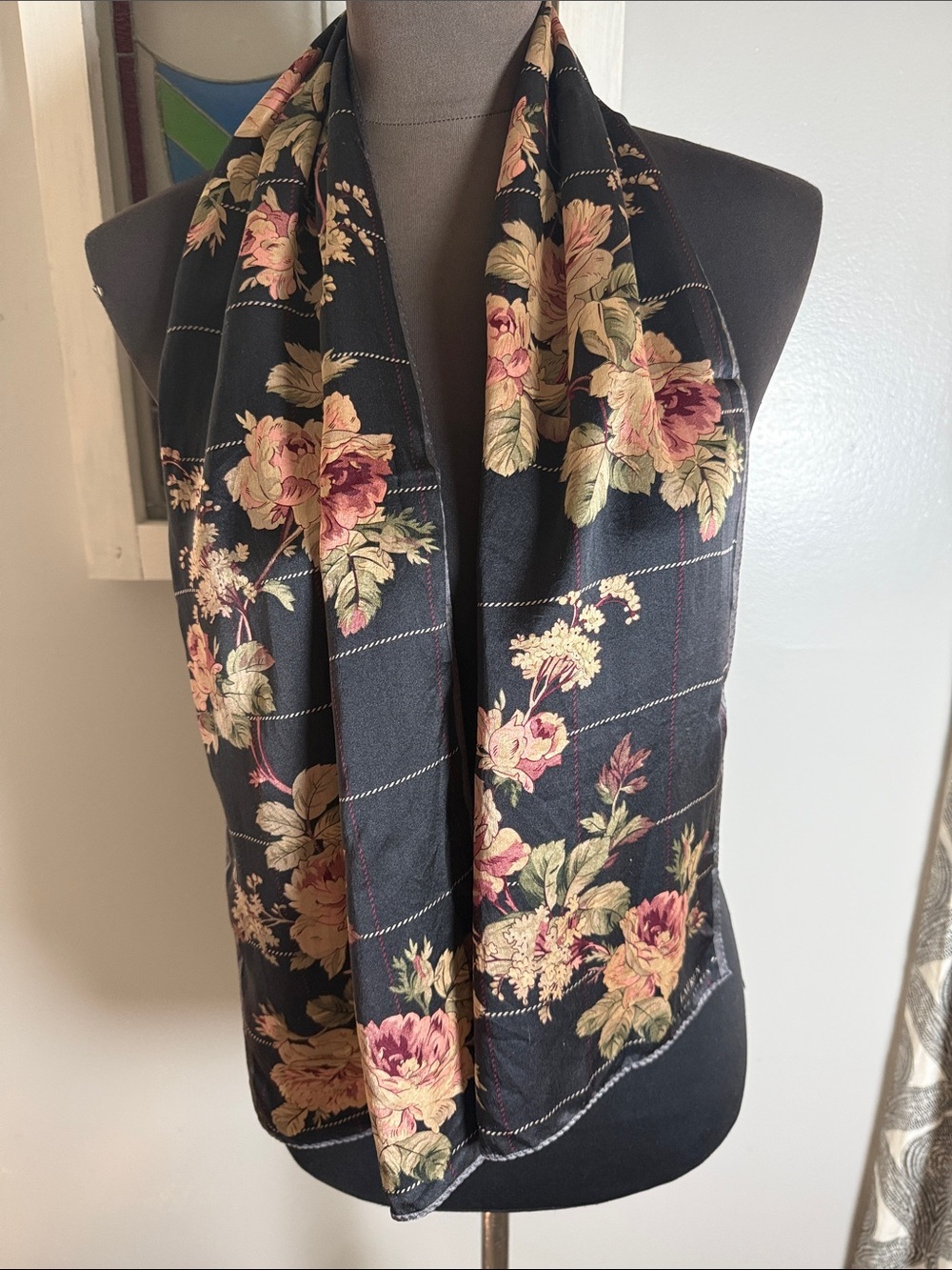 Vintage Lauren Ralph Lauren Silk Scarf | Black Floral Grid Print Accessory
